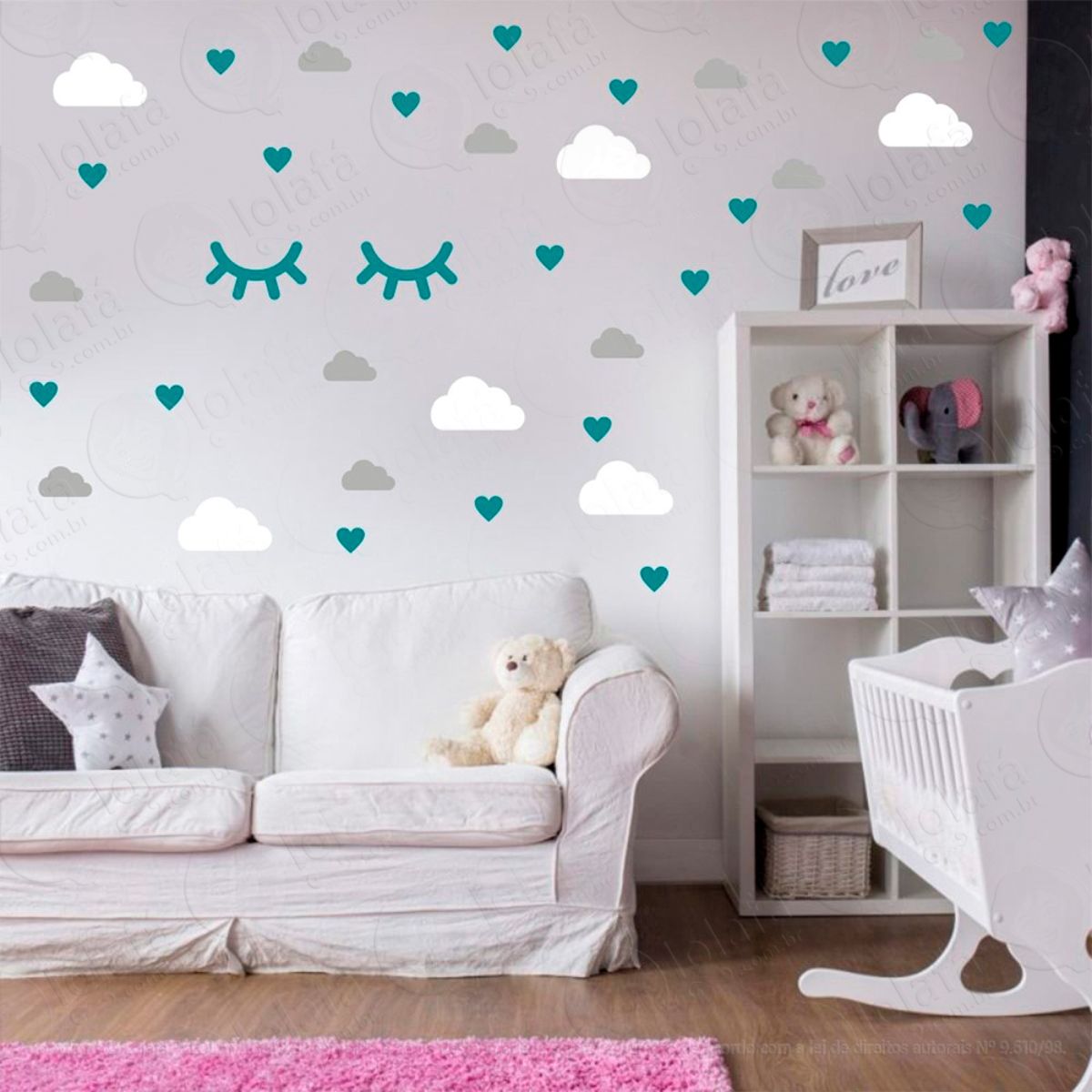 Adesivos Nuvens Cílios e Corações 78 Peças Adesivos para Quarto de Bebê Infantil Mod:557