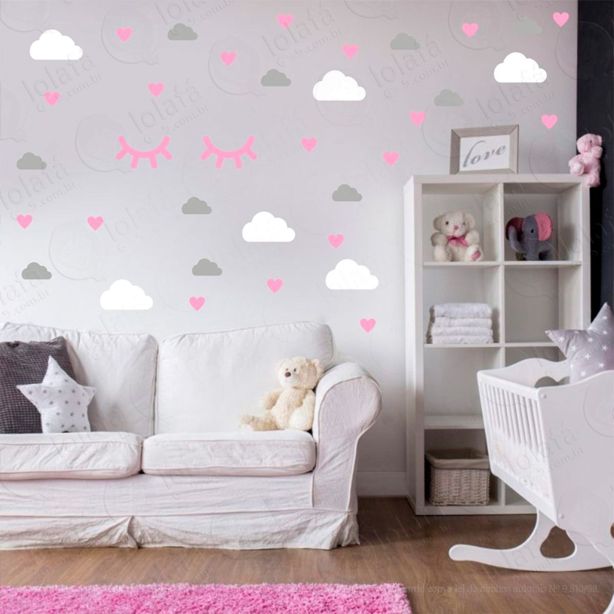 Adesivos Nuvens Cílios e Corações 78 Peças Adesivos para Quarto de Bebê Infantil Mod:559
