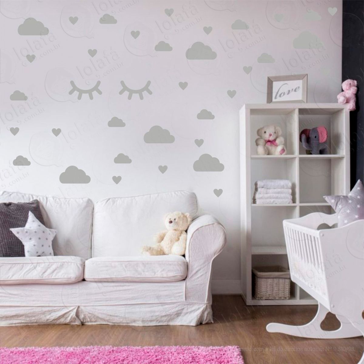 Adesivos Nuvens Cílios e Corações 78 Peças Adesivos para Quarto de Bebê Infantil Mod:563