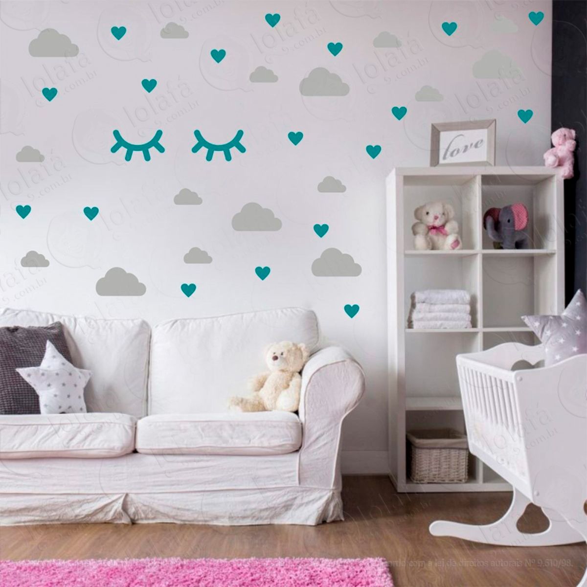 Adesivos Nuvens Cílios e Corações 78 Peças Adesivos para Quarto de Bebê Infantil Mod:564