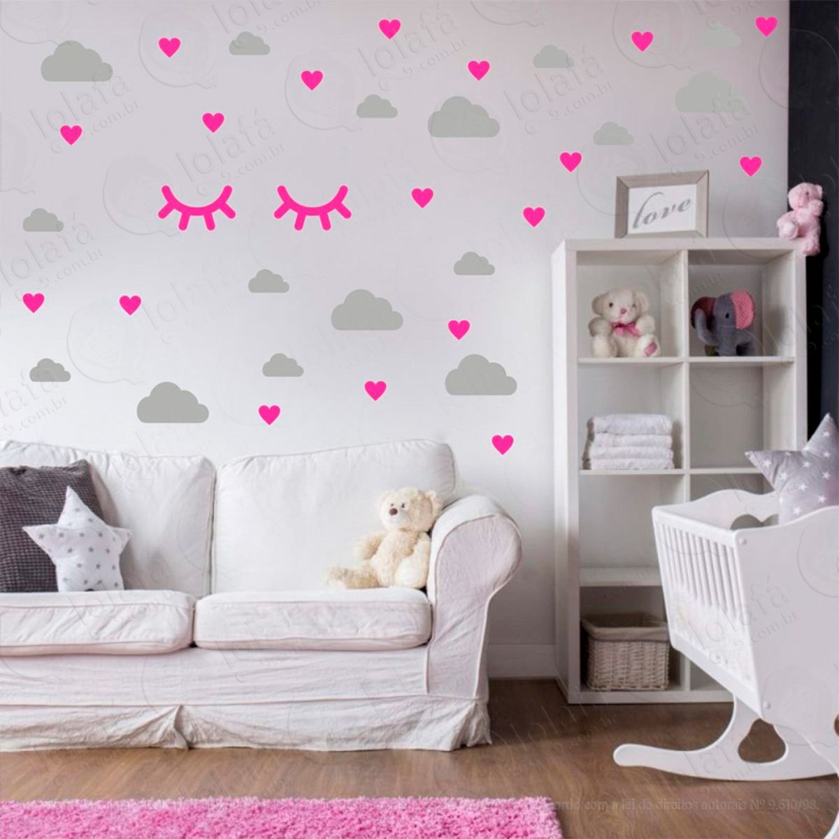 Adesivos Nuvens Cílios e Corações 78 Peças Adesivos para Quarto de Bebê Infantil Mod:565