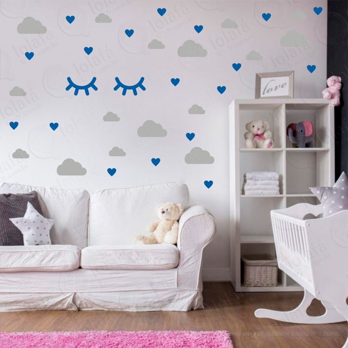 Adesivos Nuvens Cílios e Corações 78 Peças Adesivos para Quarto de Bebê Infantil Mod:566