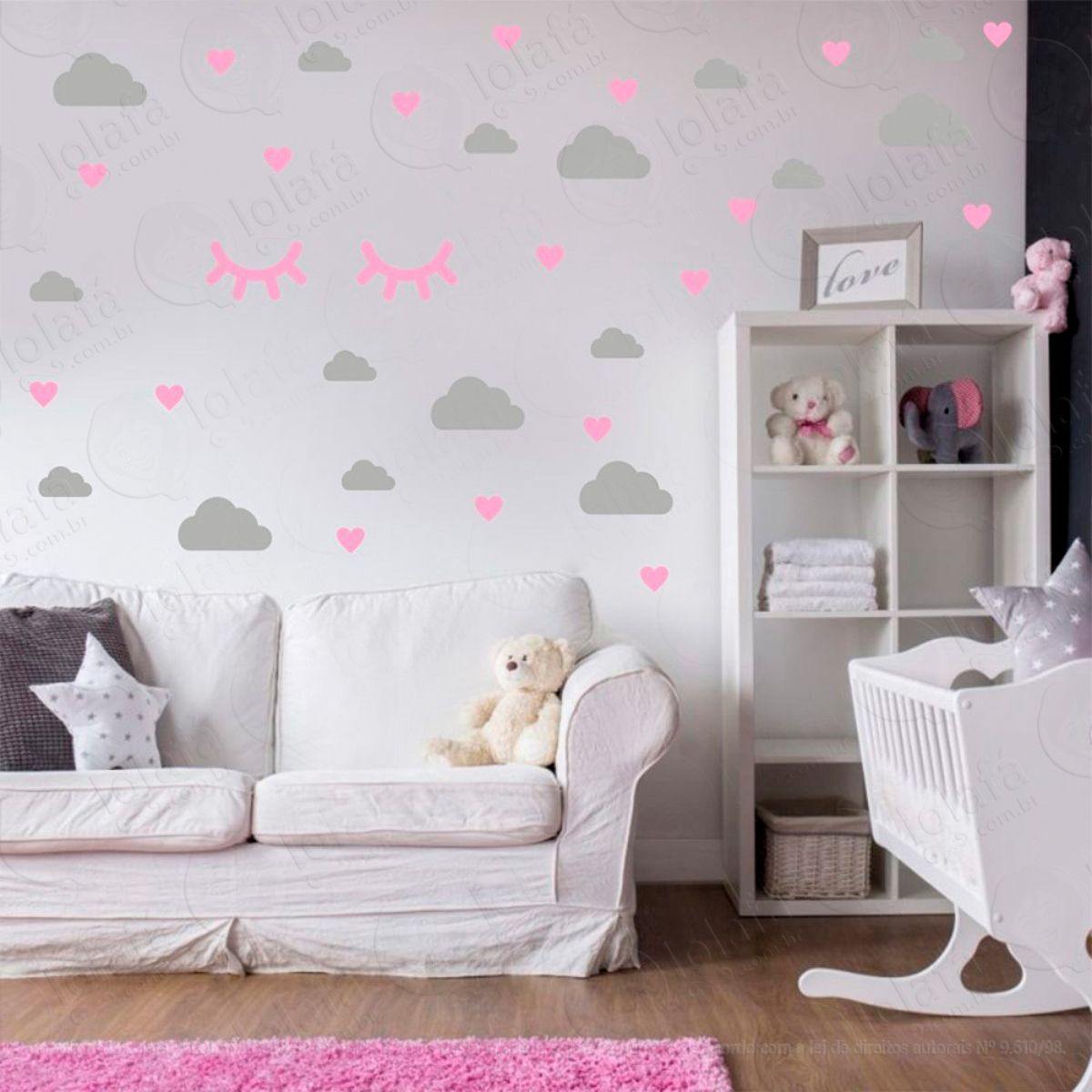 Adesivos Nuvens Cílios e Corações 78 Peças Adesivos para Quarto de Bebê Infantil Mod:569