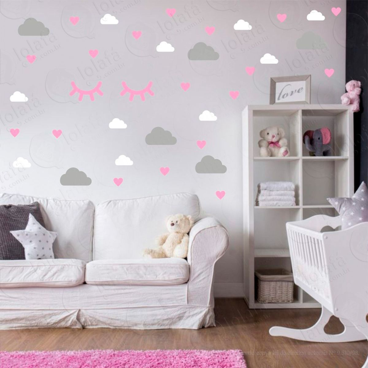 Adesivos Nuvens Cílios e Corações 78 Peças Adesivos para Quarto de Bebê Infantil Mod:571