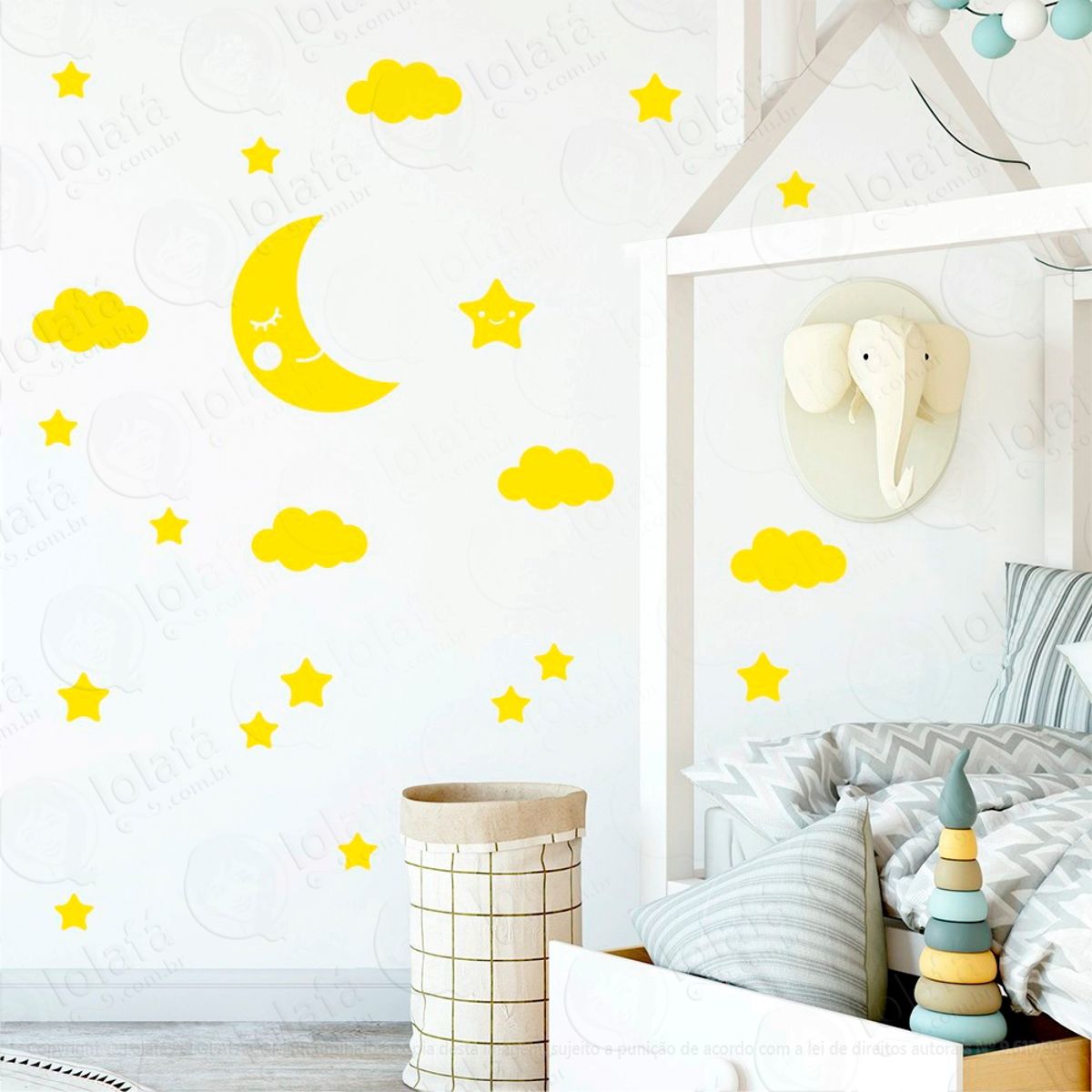 Adesivos Lua Nuvens e Estrelas 62 Peças Adesivos para Quarto de Bebê Infantil Mod:613
