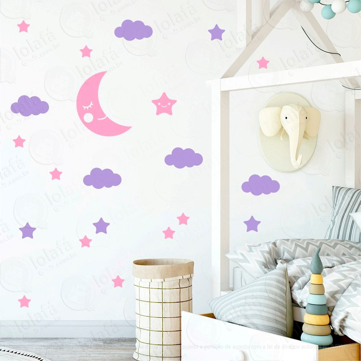 Adesivos Lua Nuvens e Estrelas 62 Peças Adesivos para Quarto de Bebê Infantil Mod:614