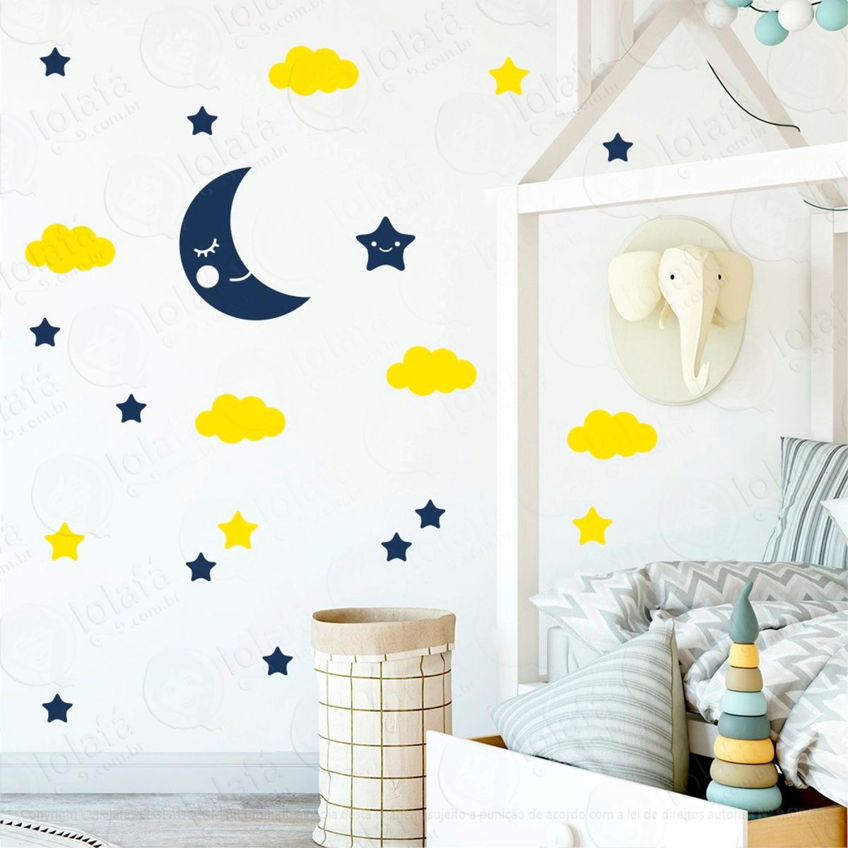 Adesivos Lua Nuvens e Estrelas 62 Peças Adesivos para Quarto de Bebê Infantil Mod:615
