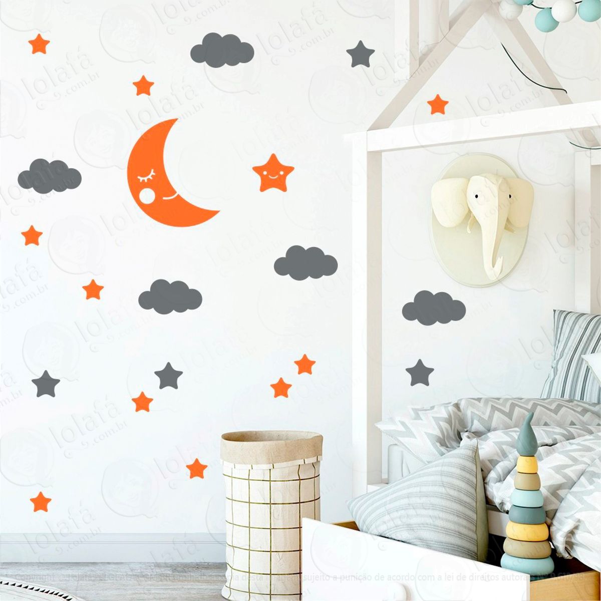 Adesivos Lua Nuvens e Estrelas 62 Peças Adesivos para Quarto de Bebê Infantil Mod:616