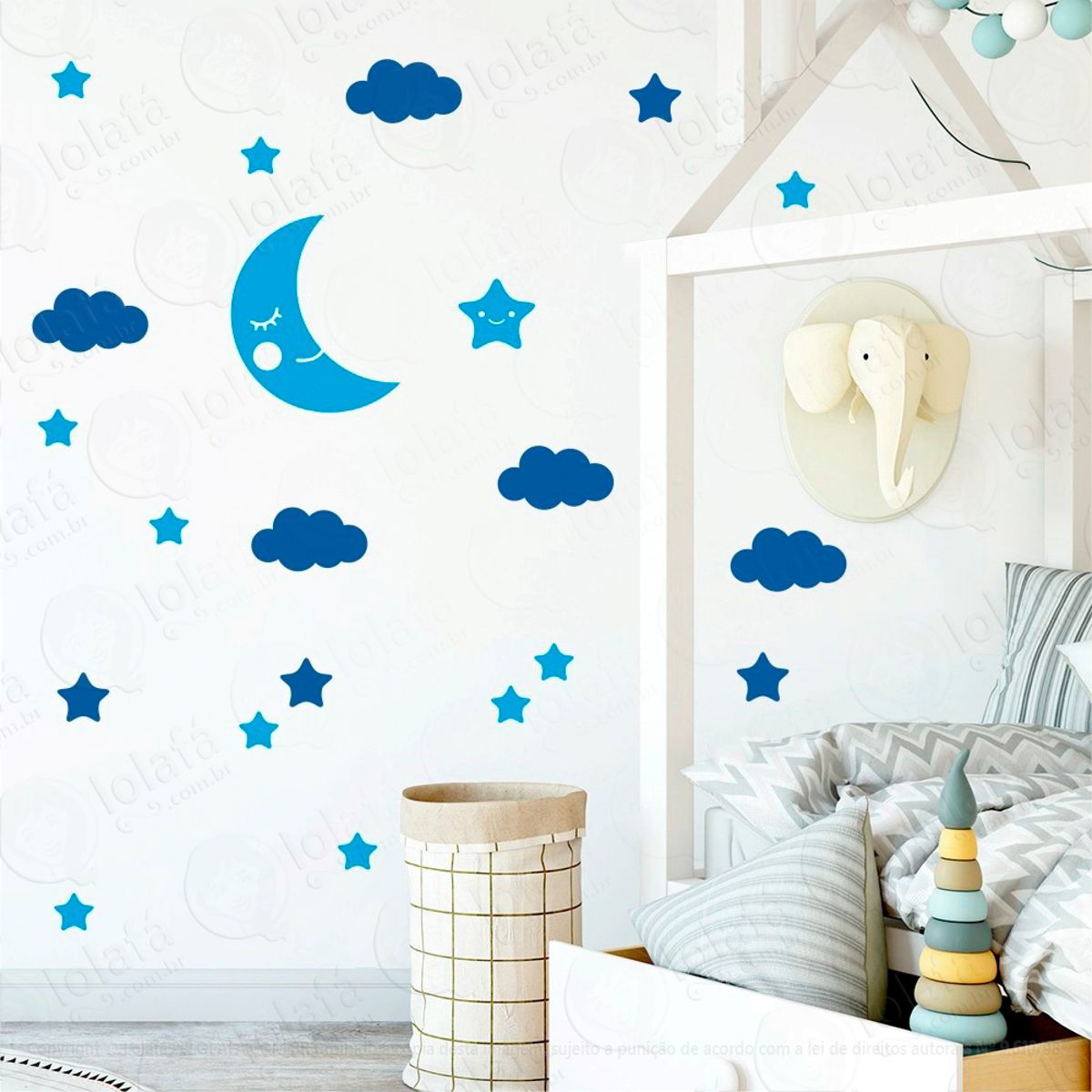 Adesivos Lua Nuvens e Estrelas 62 Peças Adesivos para Quarto de Bebê Infantil Mod:618