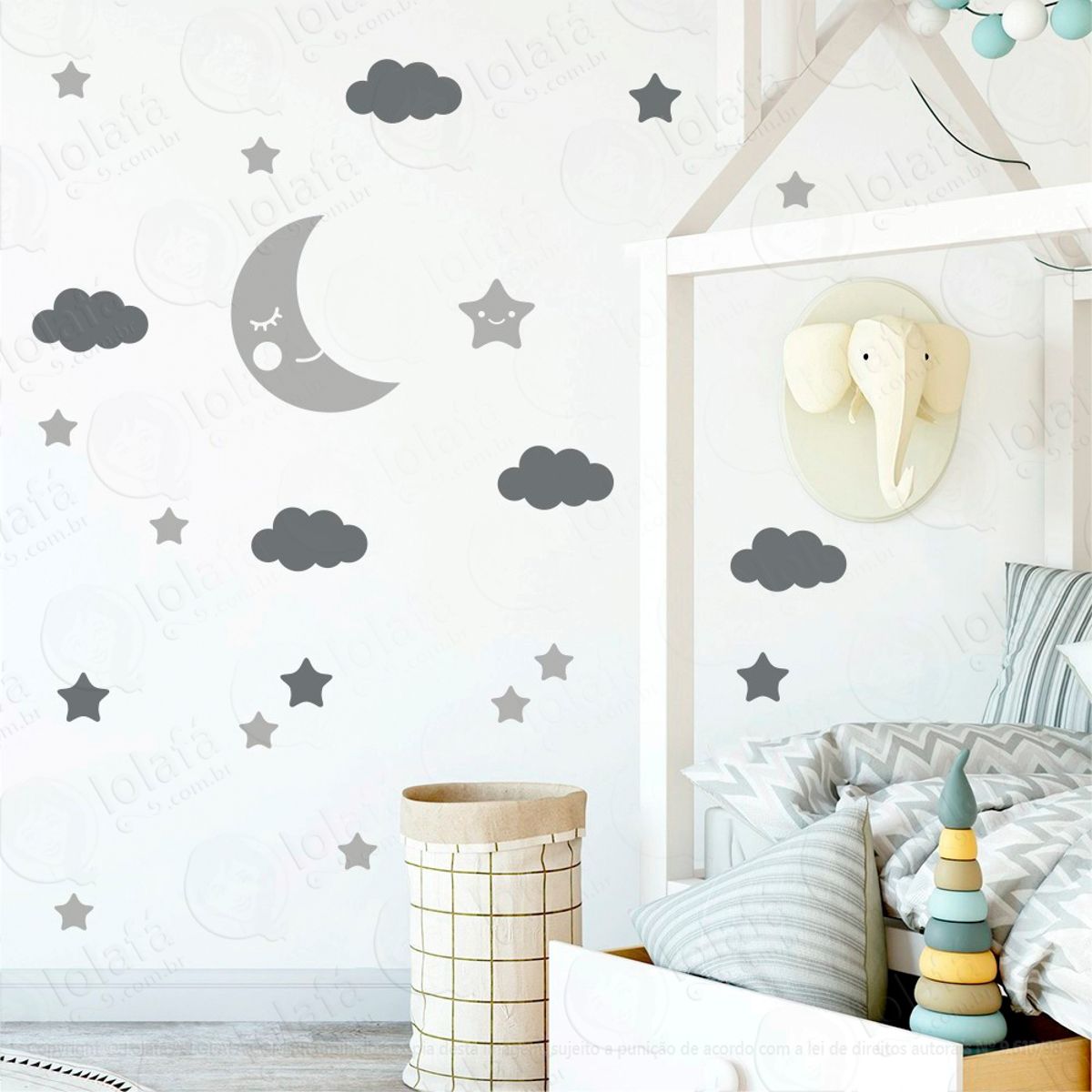 Adesivos Lua Nuvens e Estrelas 62 Peças Adesivos para Quarto de Bebê Infantil Mod:622