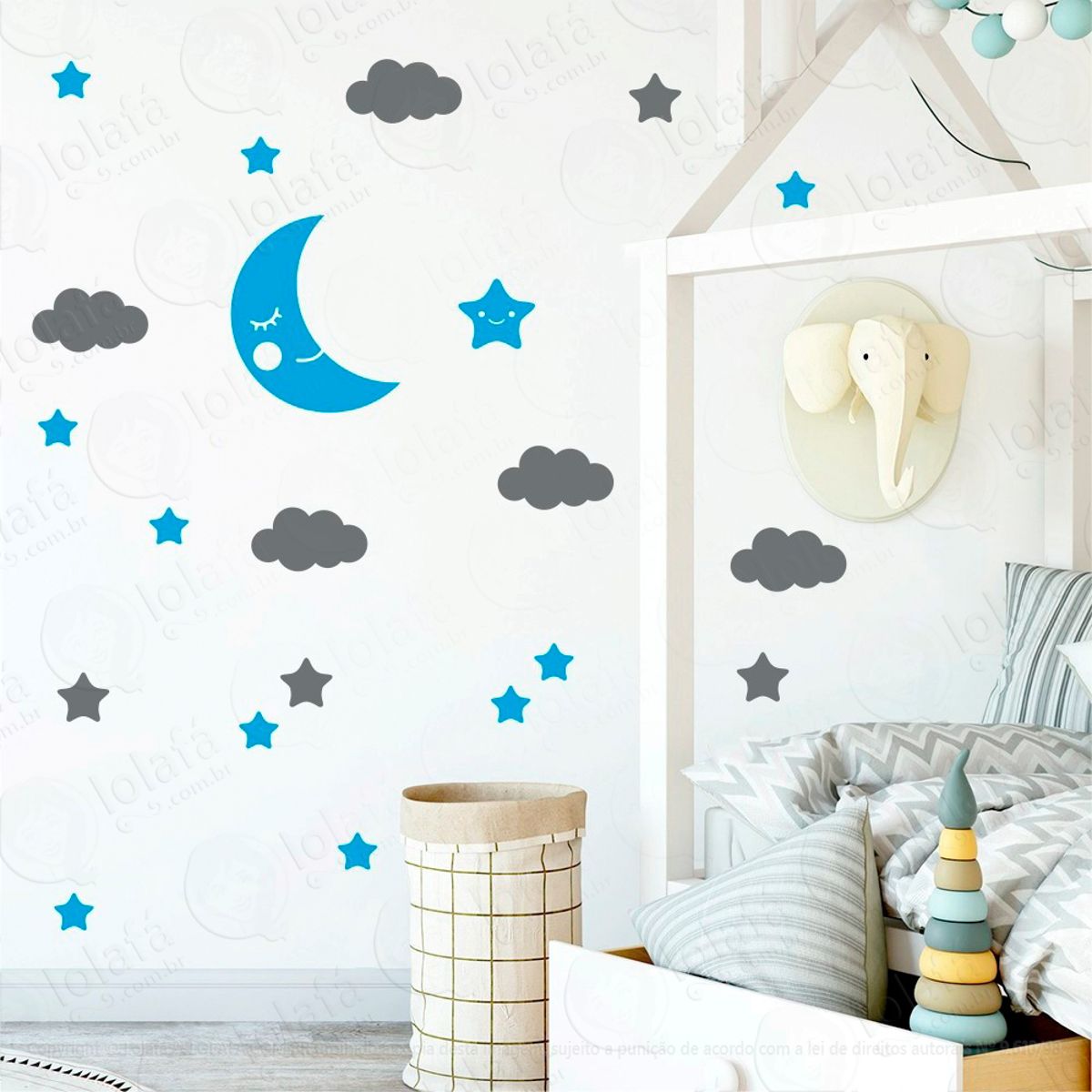 Adesivos Lua Nuvens e Estrelas 62 Peças Adesivos para Quarto de Bebê Infantil Mod:623