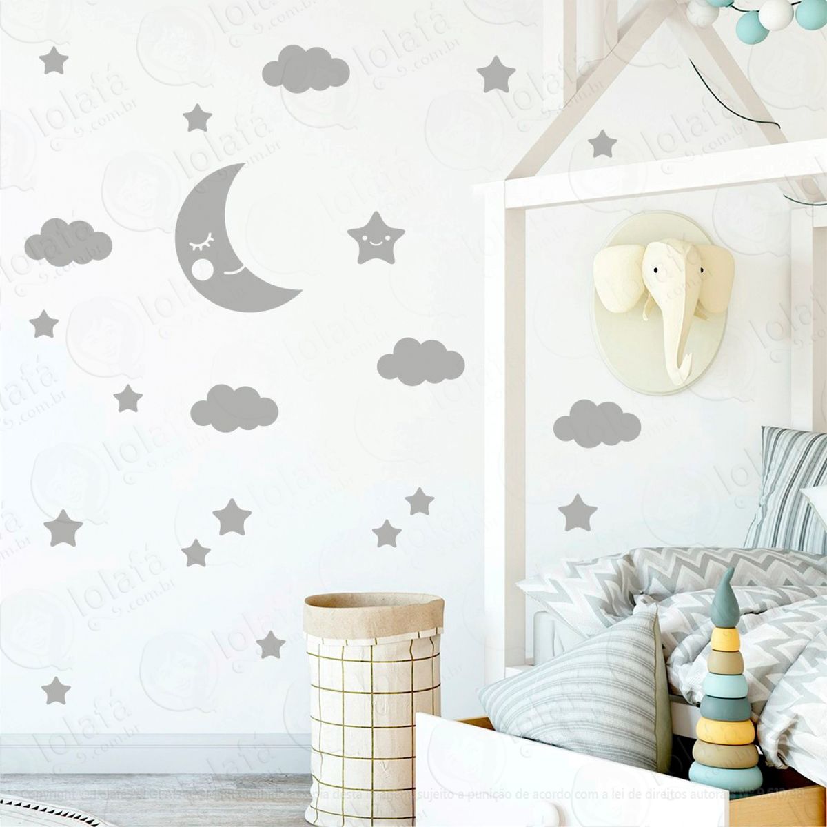 Adesivos Lua Nuvens e Estrelas 62 Peças Adesivos para Quarto de Bebê Infantil Mod:624