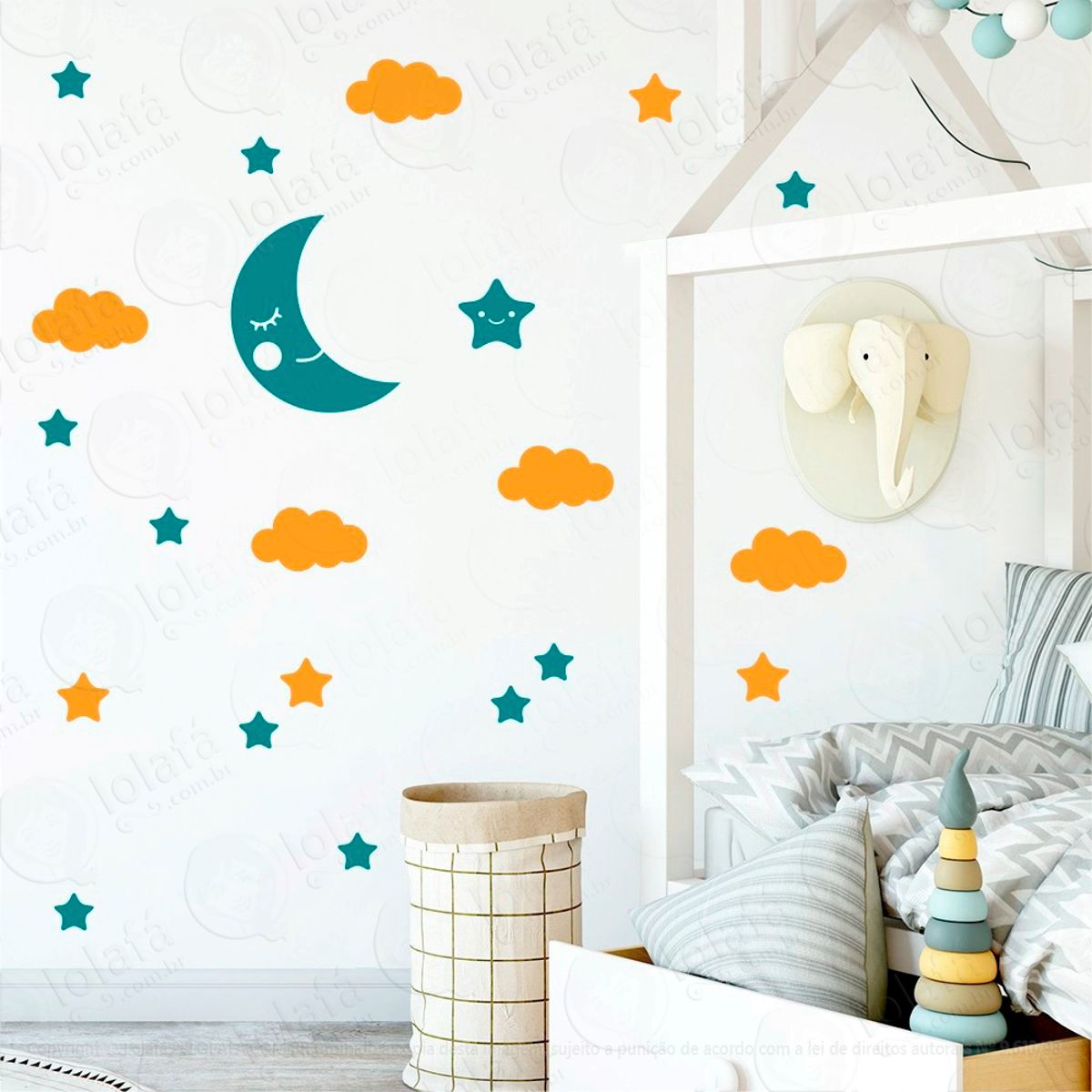Adesivos Lua Nuvens e Estrelas 62 Peças Adesivos para Quarto de Bebê Infantil Mod:625
