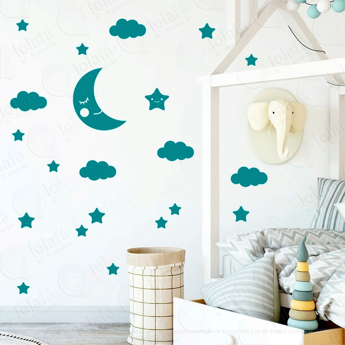 Adesivos Lua Nuvens e Estrelas 62 Peças Adesivos para Quarto de Bebê Infantil Mod:626