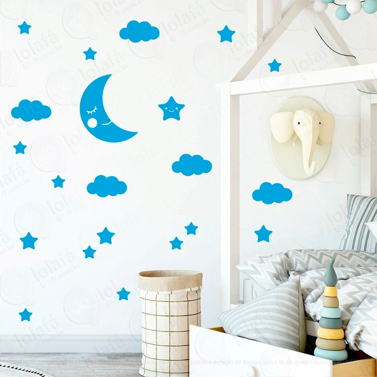 Adesivos Lua Nuvens e Estrelas 62 Peças Adesivos para Quarto de Bebê Infantil Mod:629