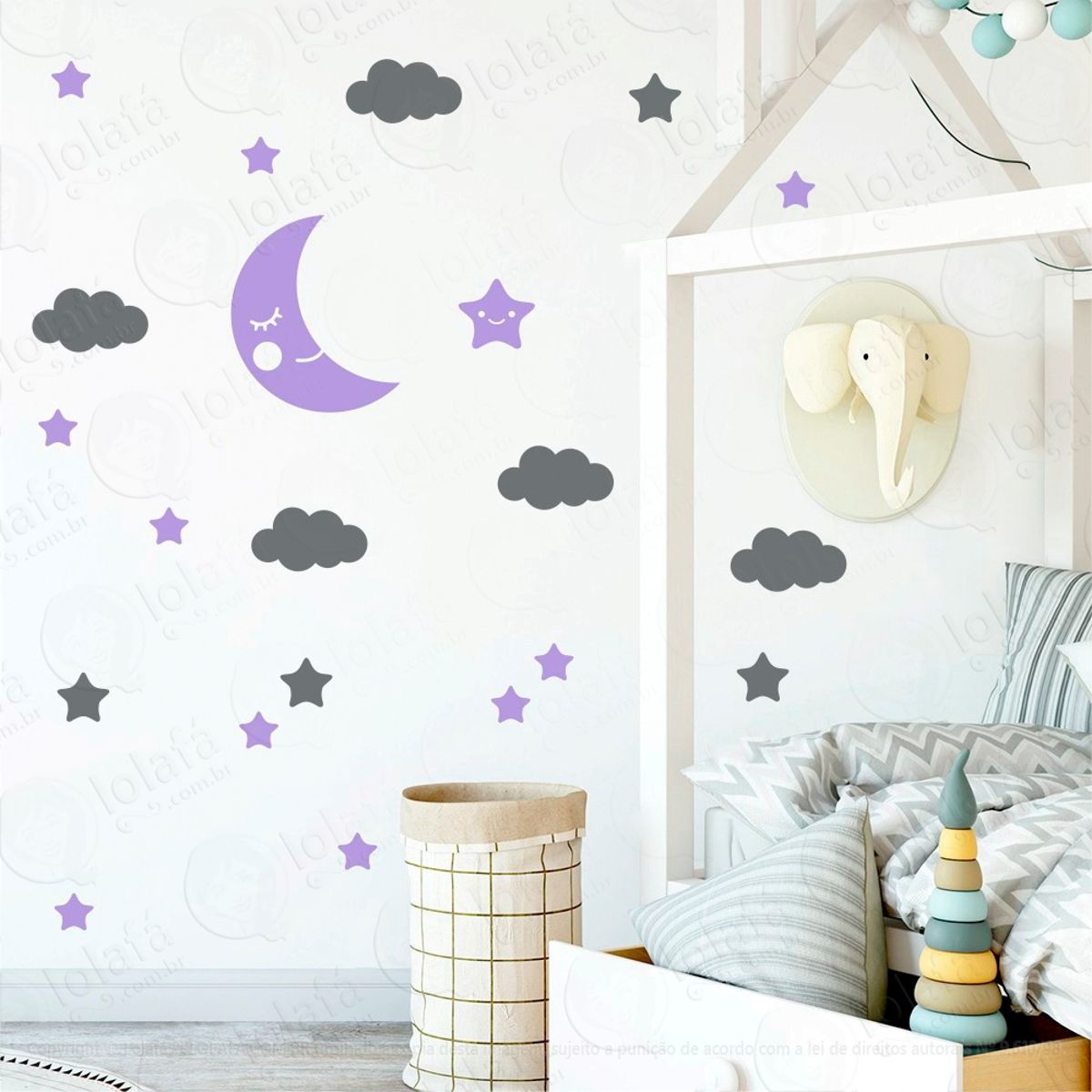 Adesivos Lua Nuvens e Estrelas 62 Peças Adesivos para Quarto de Bebê Infantil Mod:630