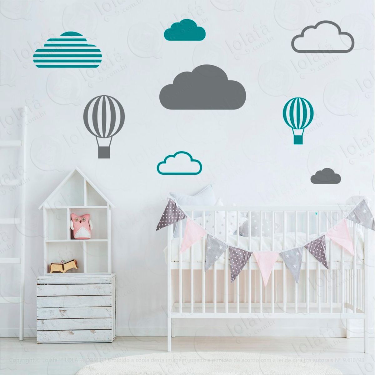 Adesivos Nuvens e Balões 8 Peças Adesivos para Quarto de Bebê Infantil Mod:647