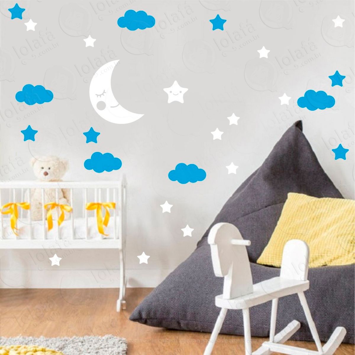 Adesivos Lua Nuvens e Estrelas 38 Peças Adesivos para Quarto de Bebê Infantil Mod:651