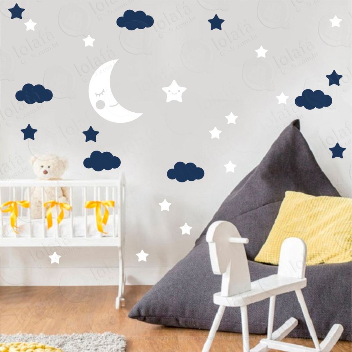Adesivos Lua Nuvens e Estrelas 38 Peças Adesivos para Quarto de Bebê Infantil Mod:653