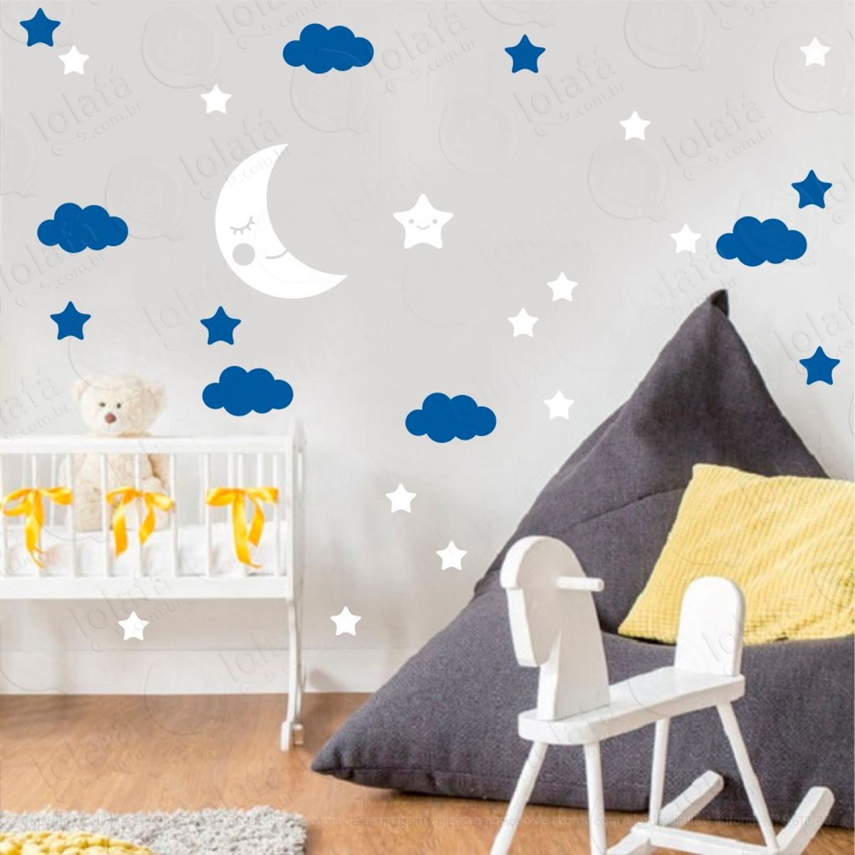 Adesivos Lua Nuvens e Estrelas 38 Peças Adesivos para Quarto de Bebê Infantil Mod:654