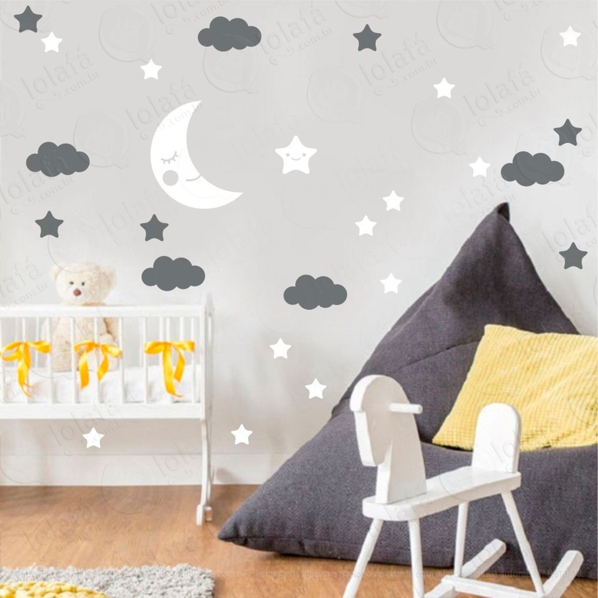 Adesivos Lua Nuvens e Estrelas 38 Peças Adesivos para Quarto de Bebê Infantil Mod:655