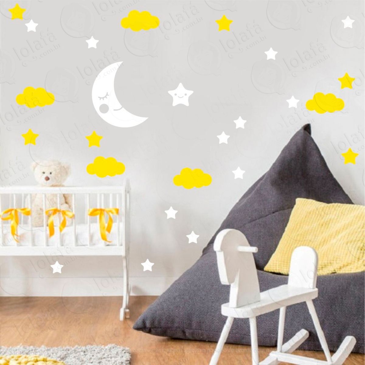 Adesivos Lua Nuvens e Estrelas 38 Peças Adesivos para Quarto de Bebê Infantil Mod:656