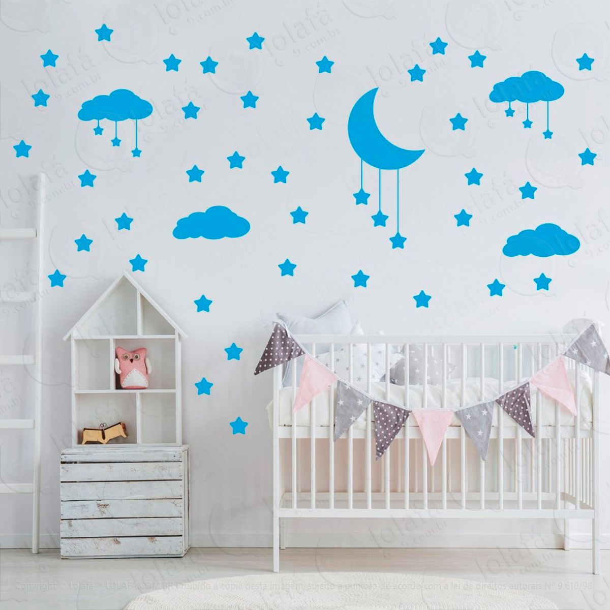 Adesivos Nuvens Estrelas e Lua 60 Peças Adesivos para Quarto de Bebê Infantil Mod:739