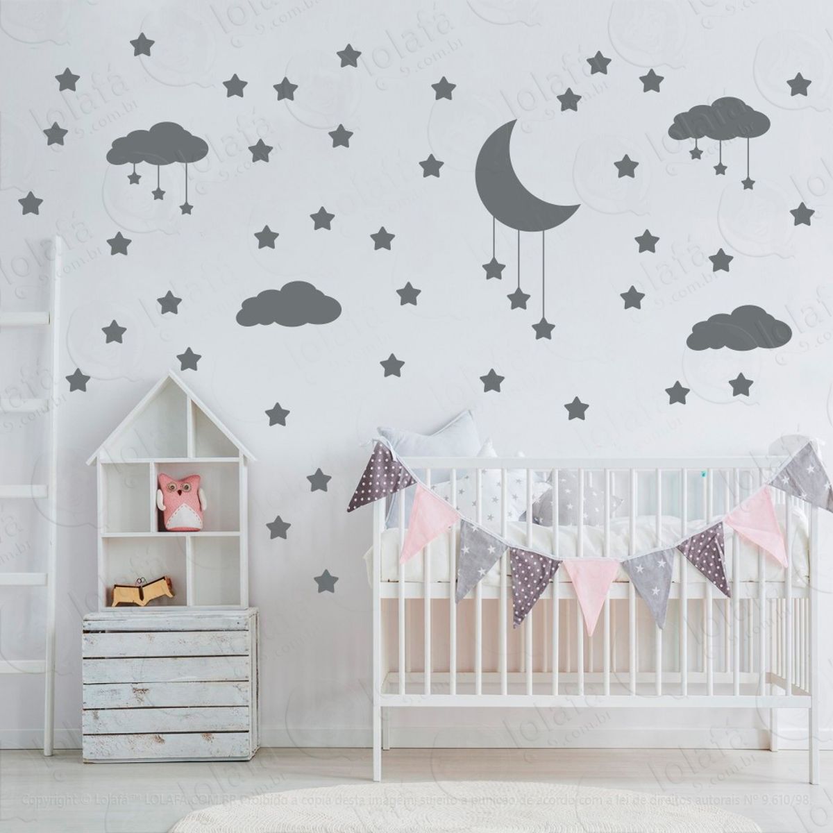 Adesivos Nuvens Estrelas e Lua 60 Peças Adesivos para Quarto de Bebê Infantil Mod:740