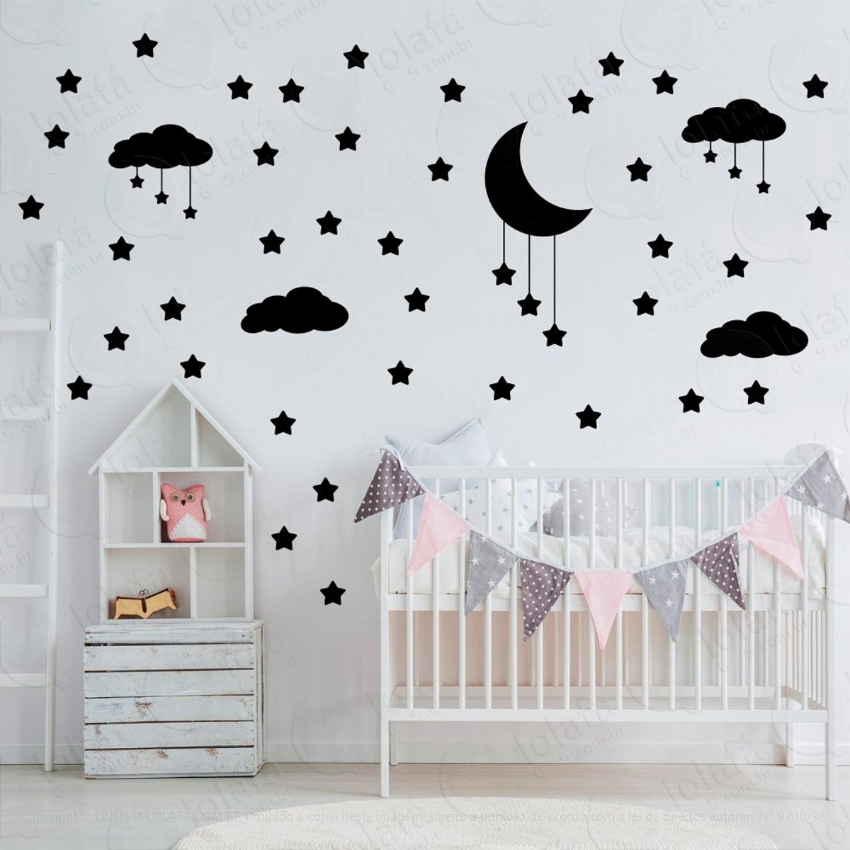 Adesivos Nuvens Estrelas e Lua 60 Peças Adesivos para Quarto de Bebê Infantil Mod:742