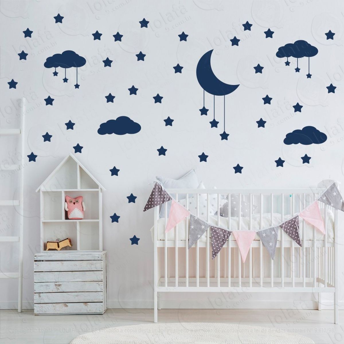 Adesivos Nuvens Estrelas e Lua 60 Peças Adesivos para Quarto de Bebê Infantil Mod:743