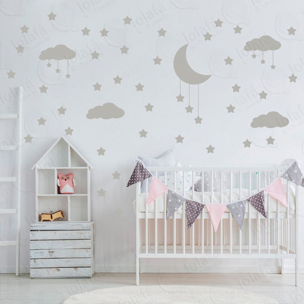 Adesivos Nuvens Estrelas e Lua 60 Peças Adesivos para Quarto de Bebê Infantil Mod:744