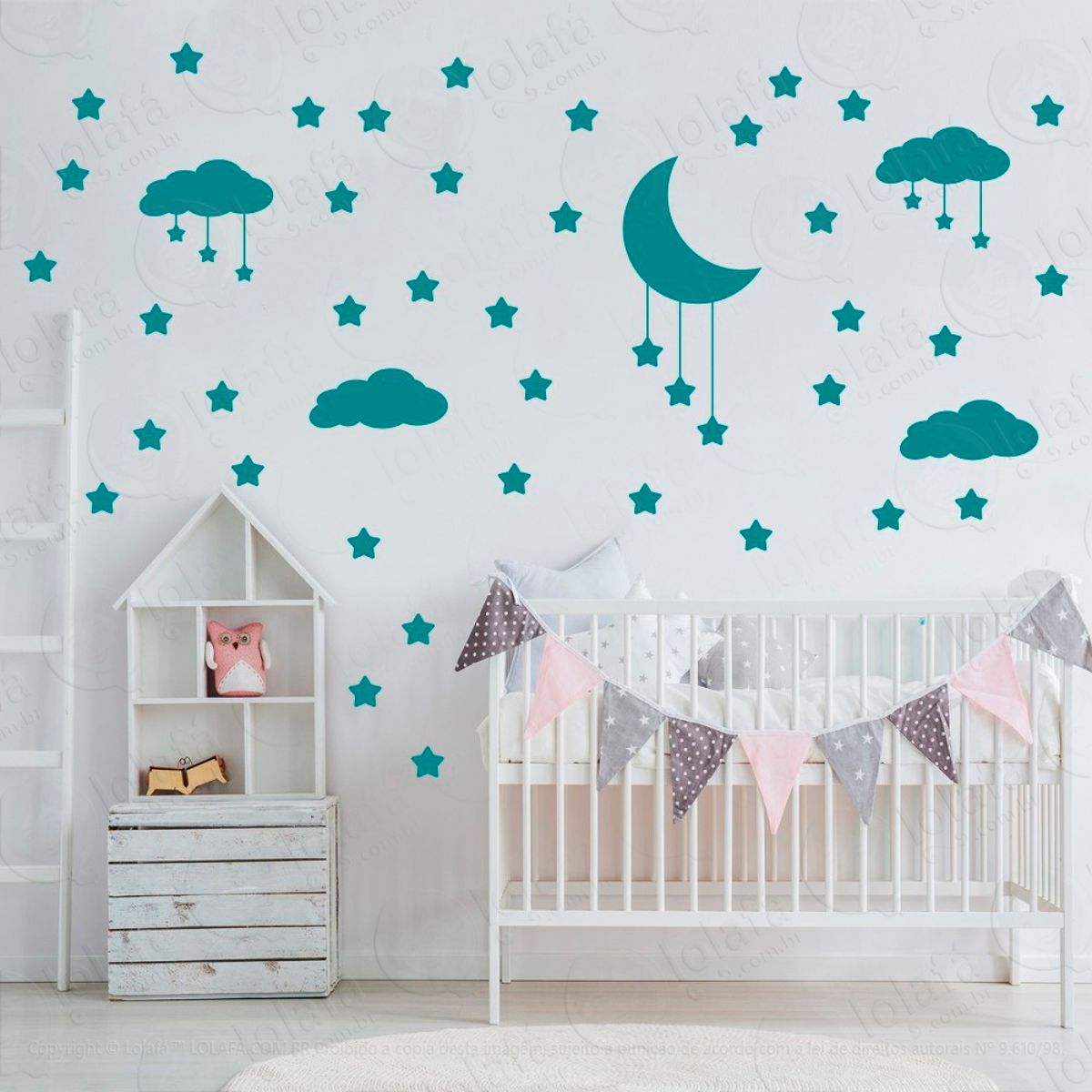 Adesivos Nuvens Estrelas e Lua 60 Peças Adesivos para Quarto de Bebê Infantil Mod:746