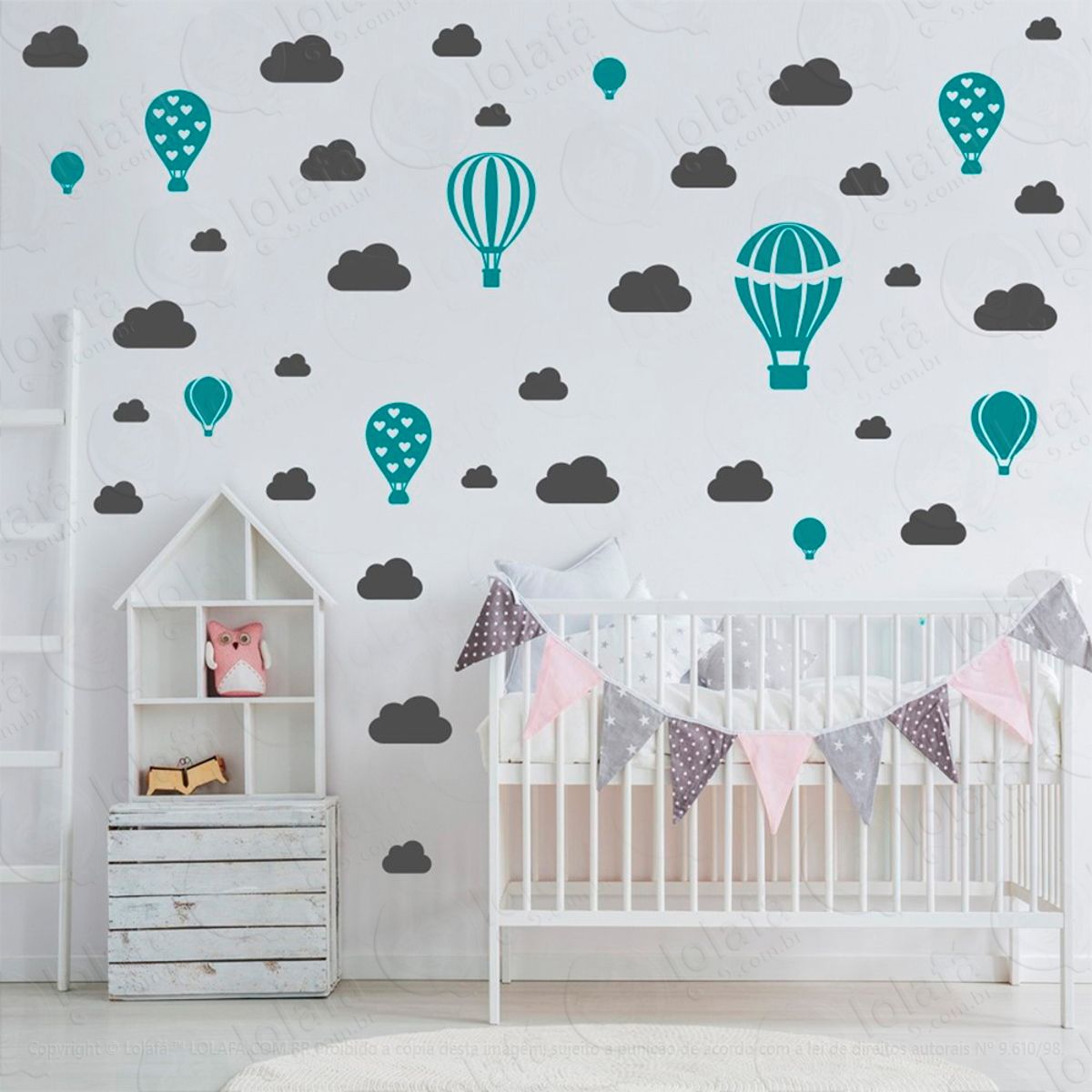 Adesivos Balões e Nuvens 42 Peças Adesivos para Quarto de Bebê Infantil Mod:788