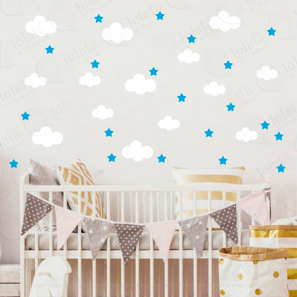 Adesivos Nuvens e Estrelas 104 Peças Adesivos para Quarto de Bebê Infantil Mod:824