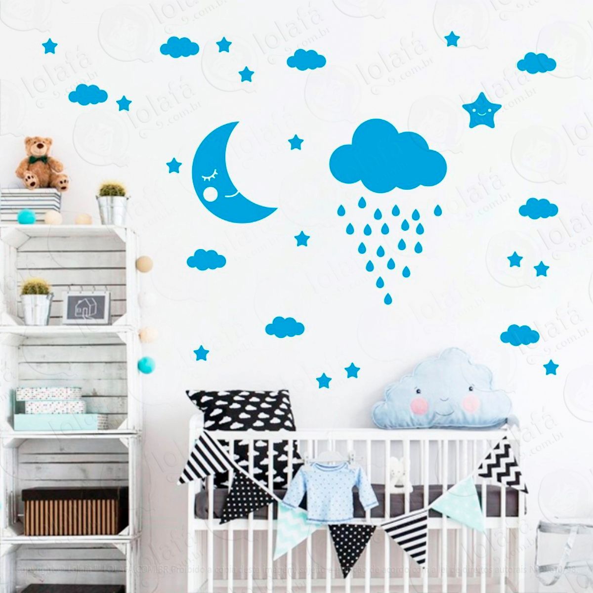 Adesivos Lua Nuvens e Estrelas 65 Peças Adesivos para Quarto de Bebê Infantil Mod:888