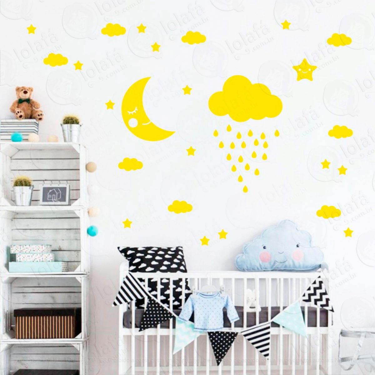 Adesivos Lua Nuvens e Estrelas 65 Peças Adesivos para Quarto de Bebê Infantil Mod:889