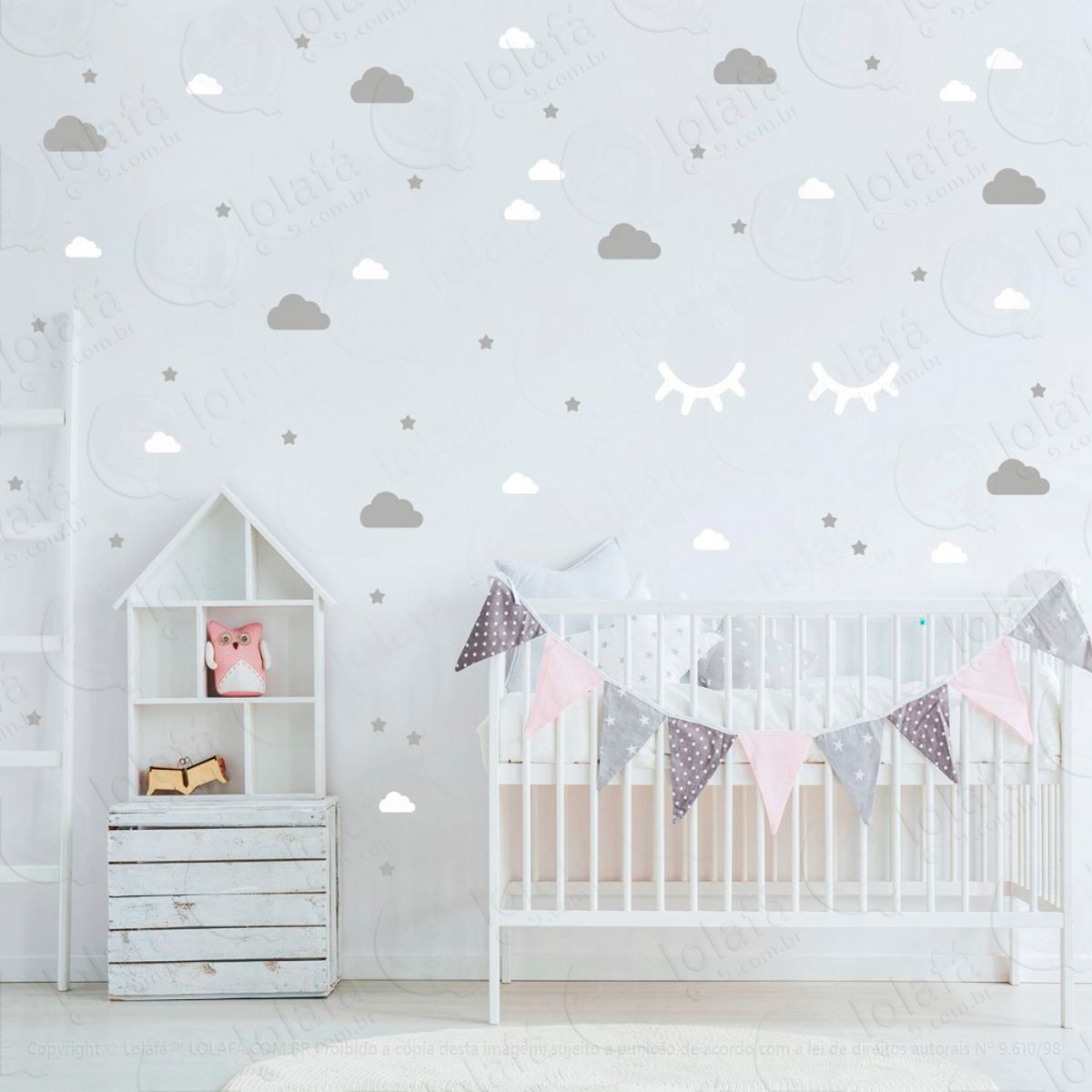 Adesivos Nuvens Cílios e Estrelas 80 Peças Adesivos para Quarto de Bebê Infantil Mod:970