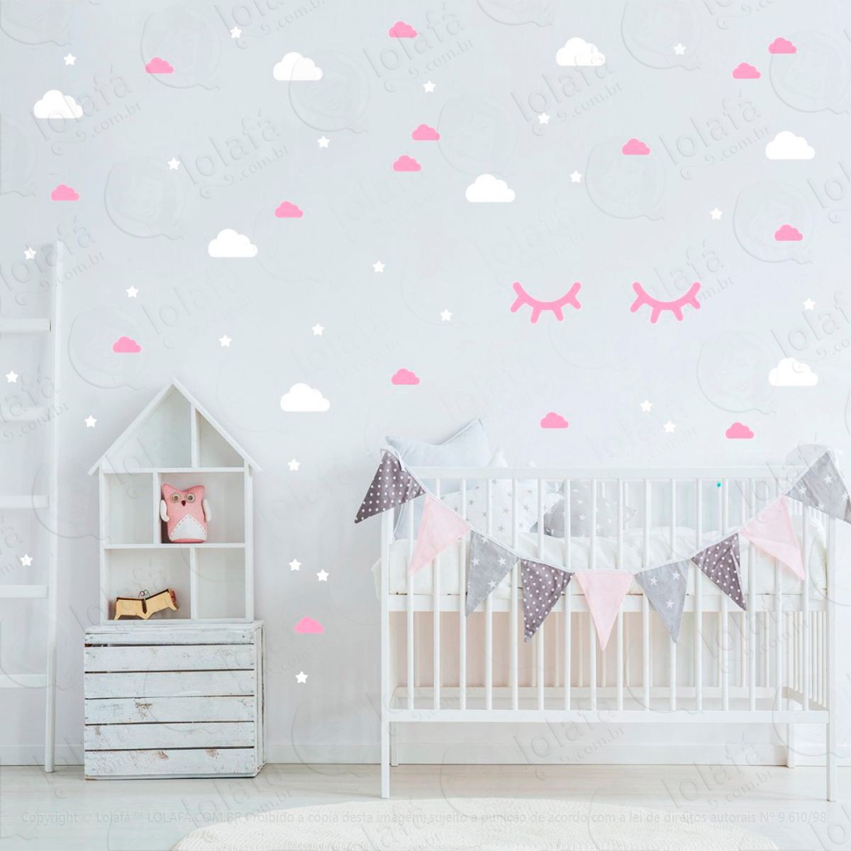 Adesivos Nuvens Cílios e Estrelas 80 Peças Adesivos para Quarto de Bebê Infantil Mod:971