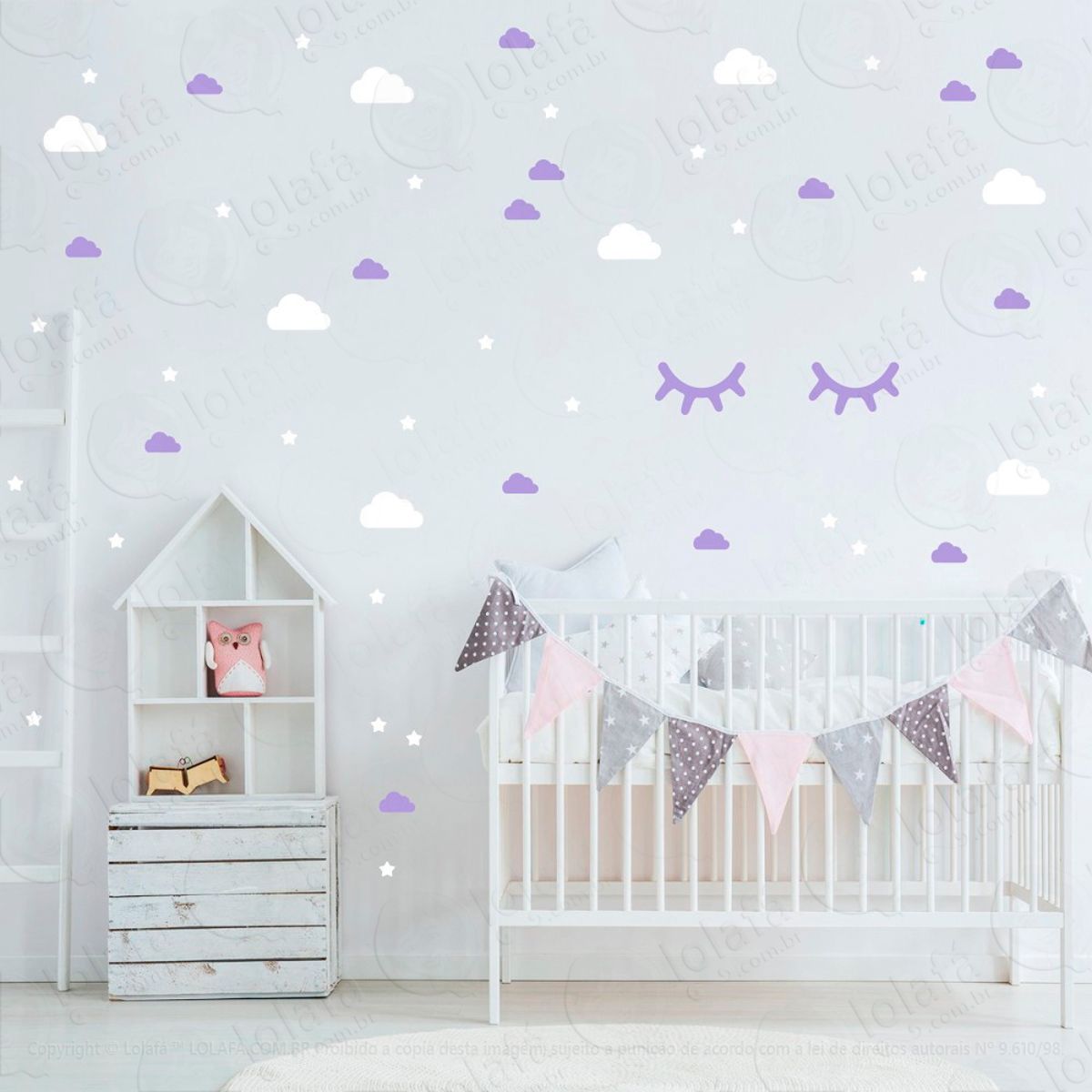 Adesivos Nuvens Cílios e Estrelas 80 Peças Adesivos para Quarto de Bebê Infantil Mod:972