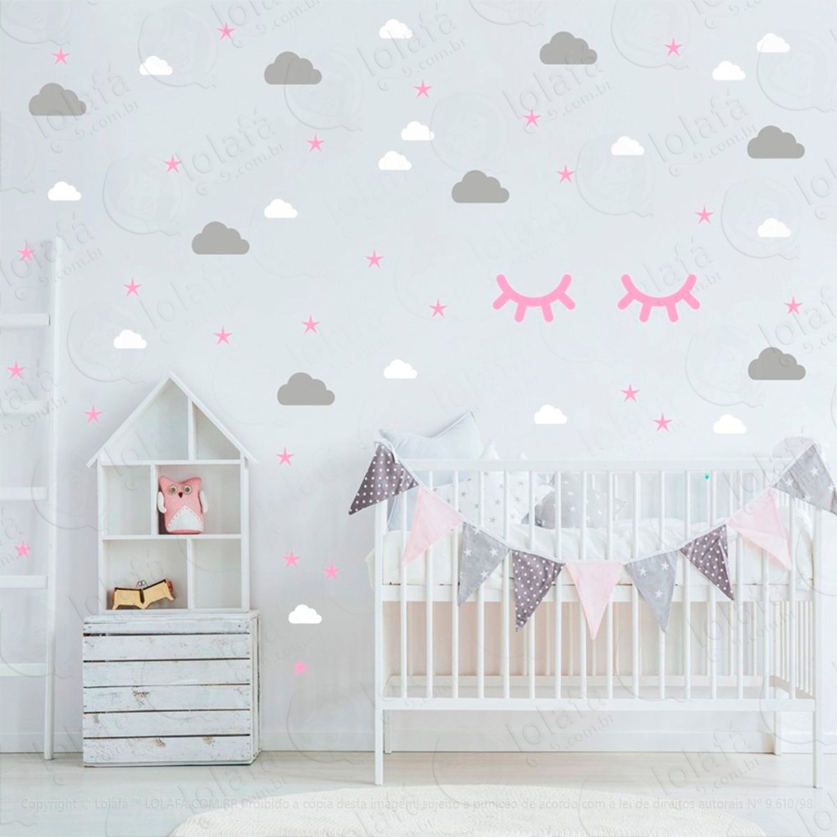 Adesivos Nuvens Cílios e Estrelas 77 Peças Adesivos para Quarto de Bebê Infantil Mod:973