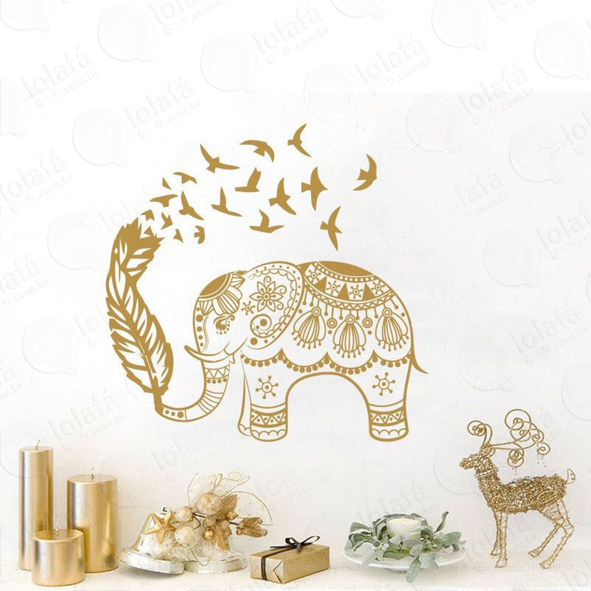 Mandala Elefante e Pássaros para Cultivar a Riqueza e Liberdade Adesivo de Parede Decorativo para Casa, Quarto, Sala e Vidro Mod:314