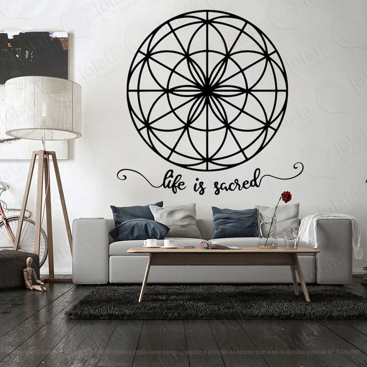 Mandala Vida é Sagrada Adesivo de Parede Decorativo para Casa, Quarto, Sala e Vidro Mod:430