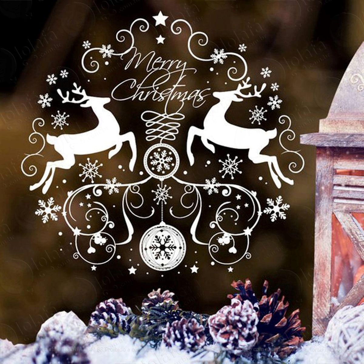 Guirlanda E Renas Adesivo de Natal para Vitrine, Parede, Porta de Vidro - Decoração Natalina Mod:116