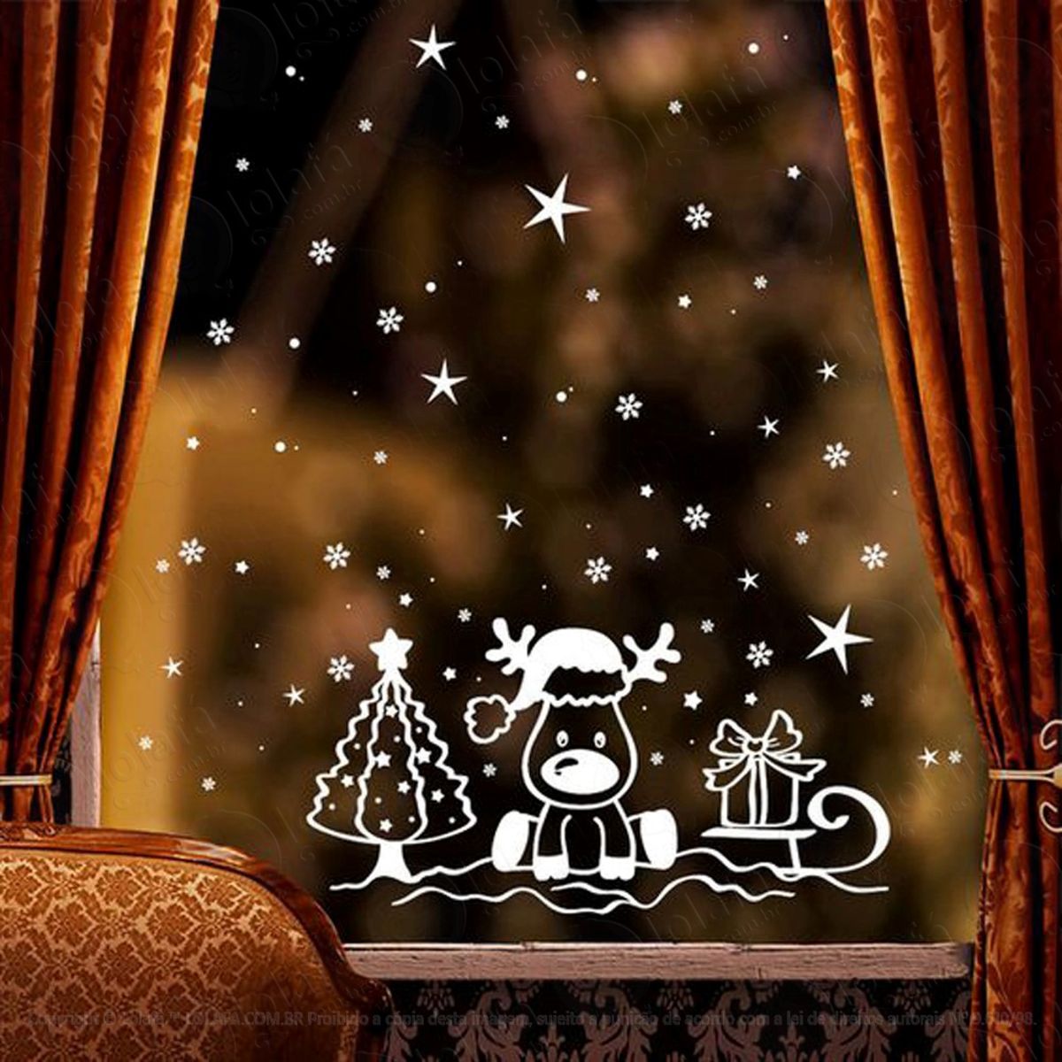 Alce Com Presente Adesivo de Natal para Vitrine, Parede, Porta de Vidro - Decoração Natalina Mod:261