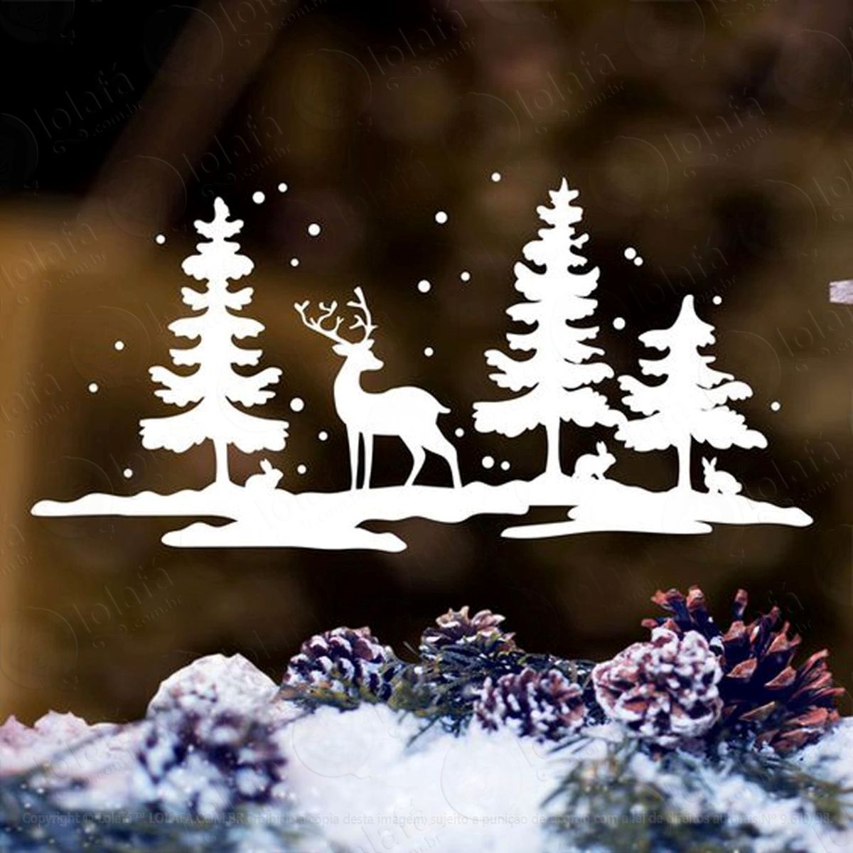 Alce Na Floresta Nevando Adesivo de Natal para Vitrine, Parede, Porta de Vidro - Decoração Natalina Mod:262
