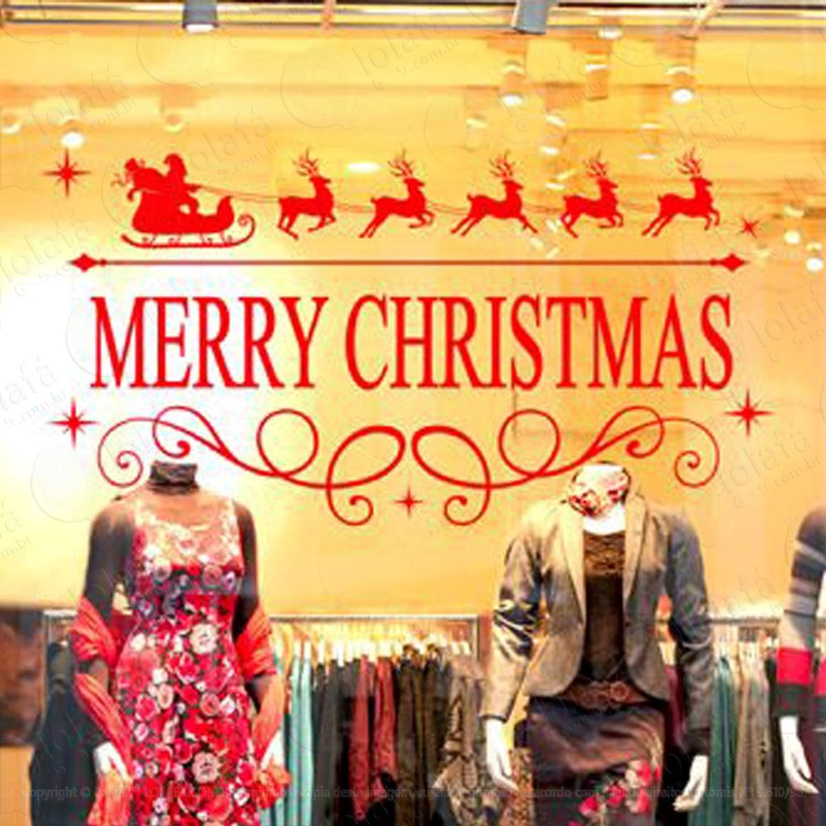 Arabesco Trenó E Frase Adesivo de Natal para Vitrine, Parede, Porta de Vidro - Decoração Natalina Mod:264