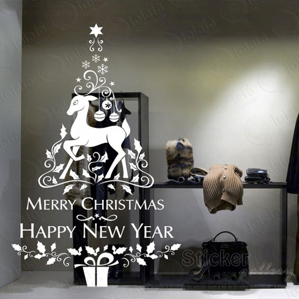 Árvore Rudolph Adesivo de Natal para Vitrine, Parede, Porta de Vidro - Decoração Natalina Mod:267