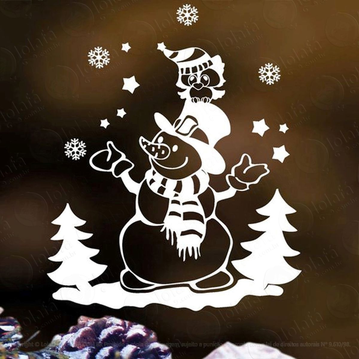 Boneco De Neve Com Coruja Na Cabeça Adesivo de Natal para Vitrine, Parede, Porta de Vidro - Decoração Natalina Mod:271