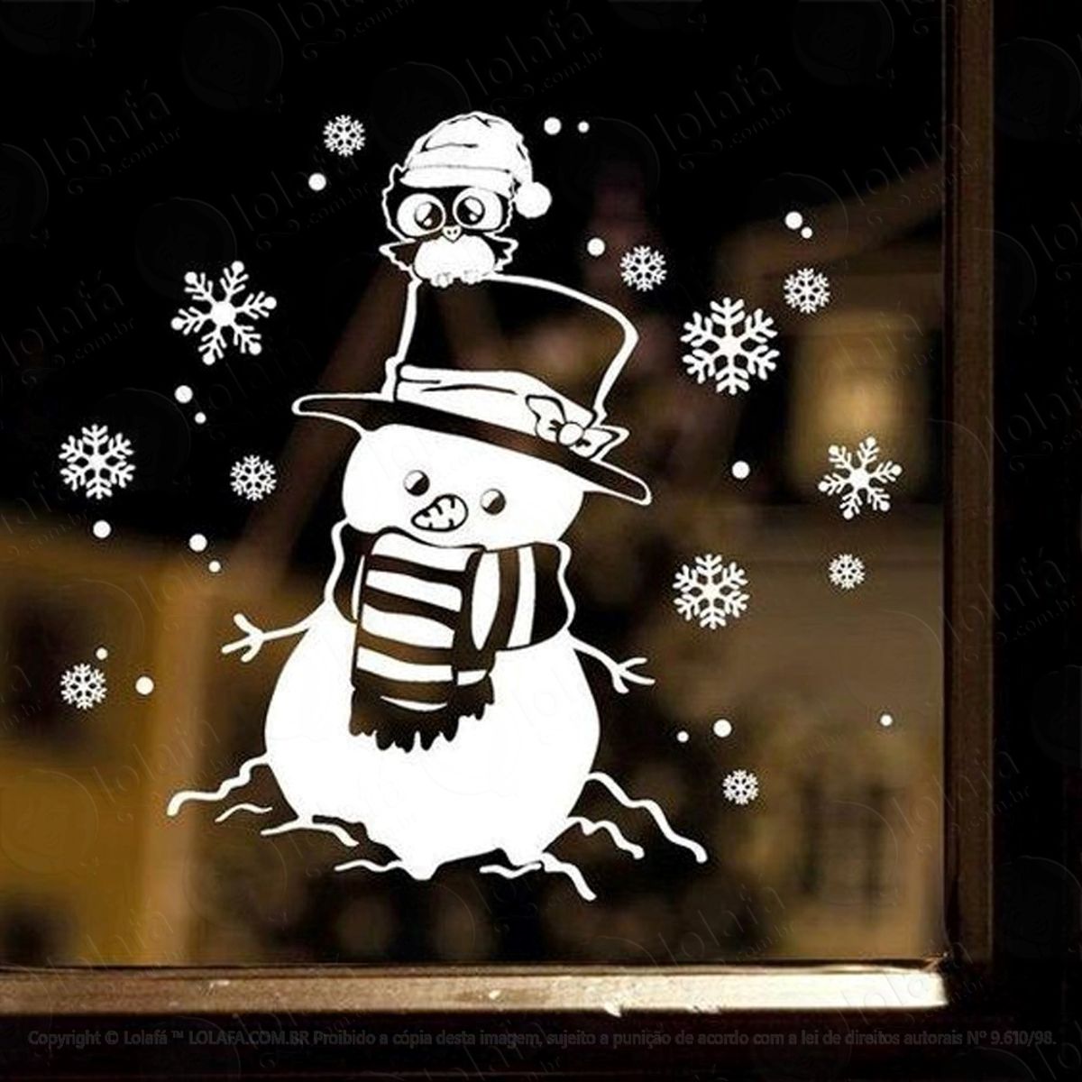 Boneco De Neve Com Coruja Adesivo de Natal para Vitrine, Parede, Porta de Vidro - Decoração Natalina Mod:272